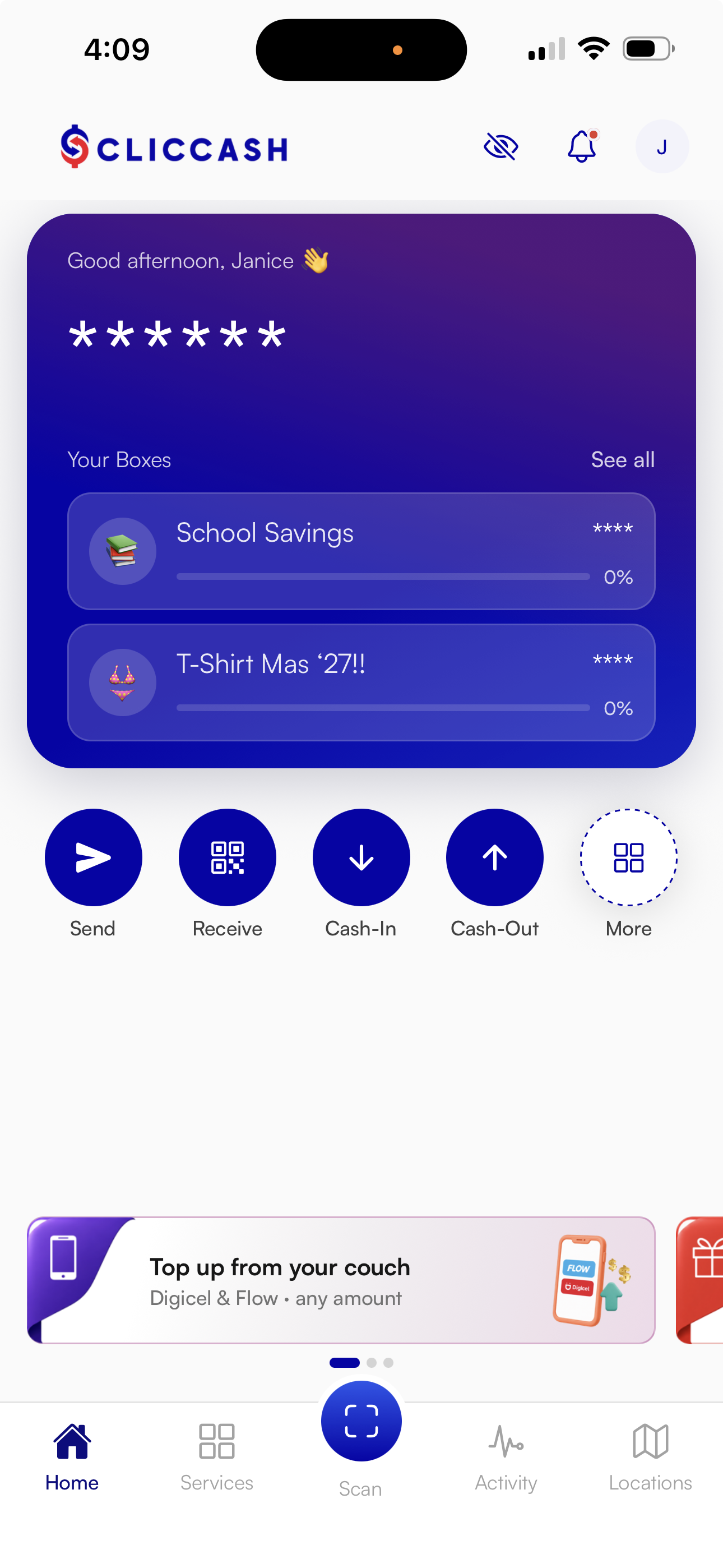 ClicCash app home screen showing account balance and boxes