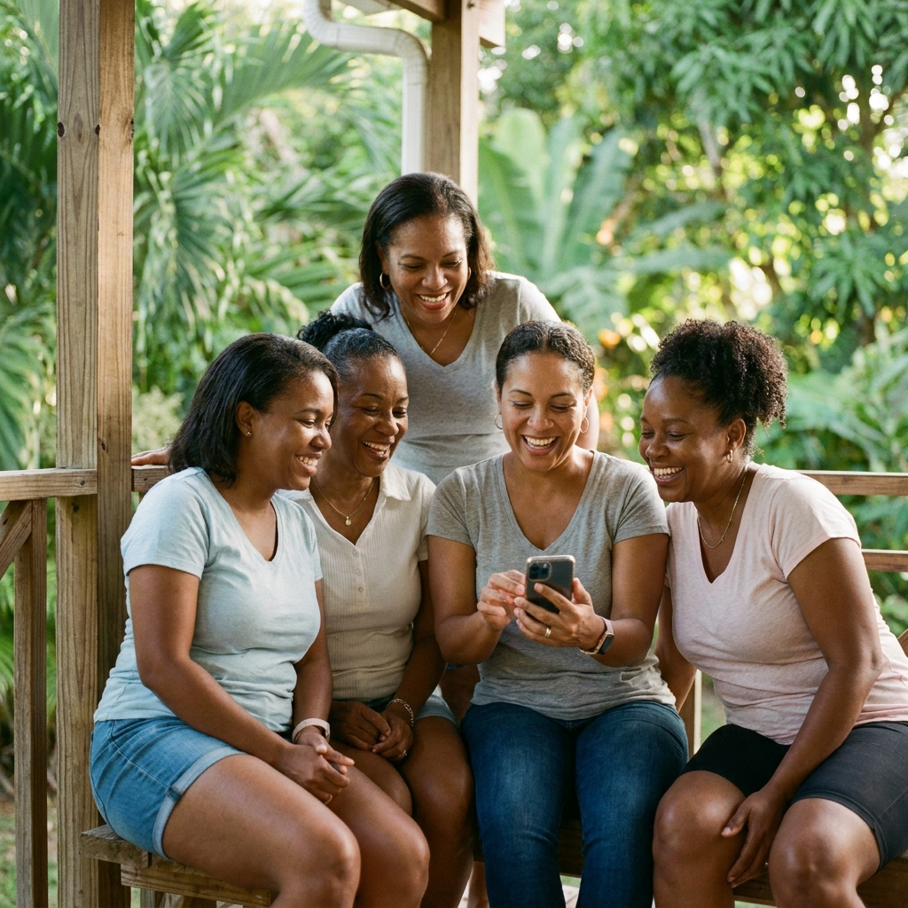 Five women looking at the ClicCash app together on a phone