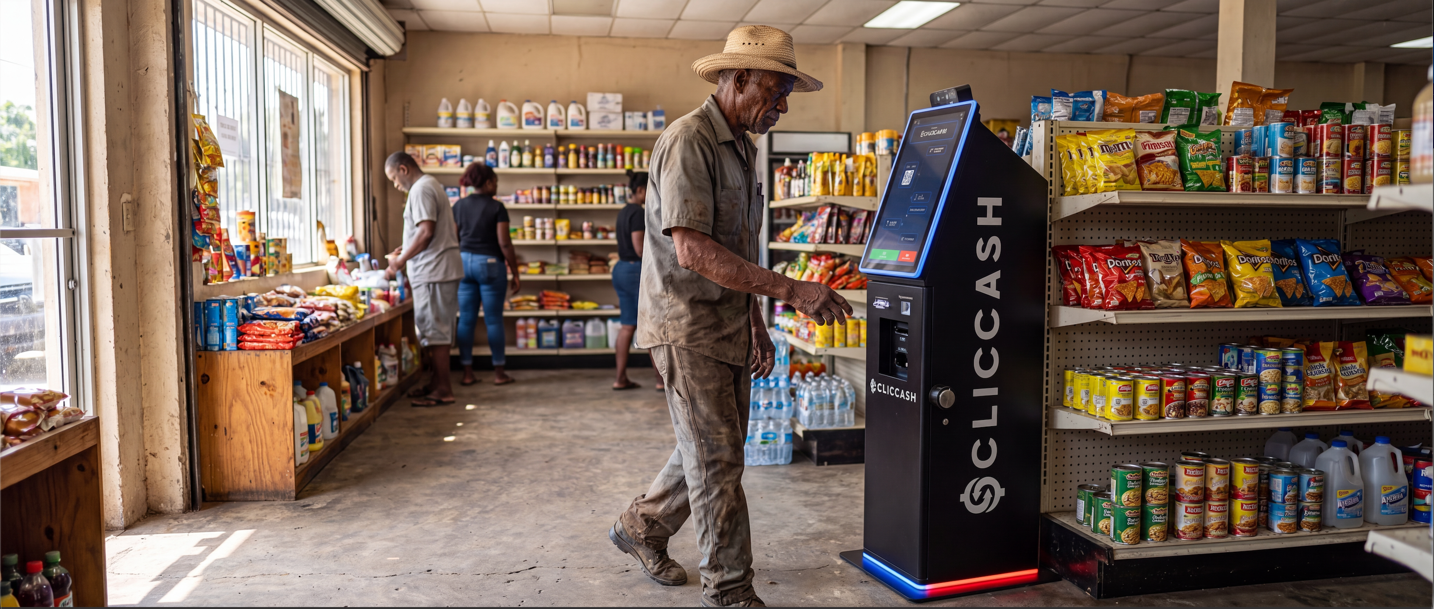 A man cashing in at a ClicCash RPT inside a shop